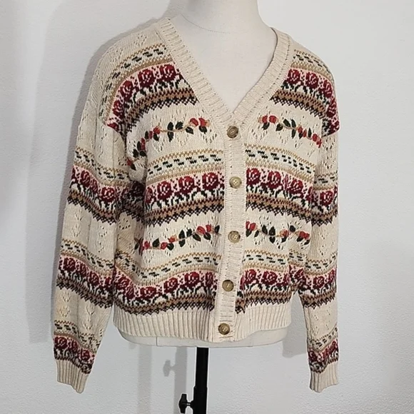 American Vintage Cardigan Cotton Blend Grannycore Floral by BUGC Cream Size L - Picture 6 of 14